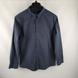 01.Algo Dress Shirt Mens L Navy Blue Heathered Stretch Slim Button Up